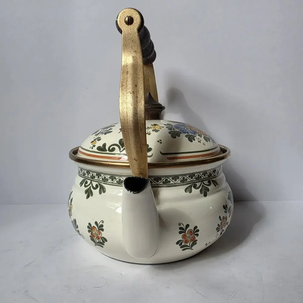 Vintage ASTA Germany Enamel Tea Kettle With Warmer Stand Floral Mid Century